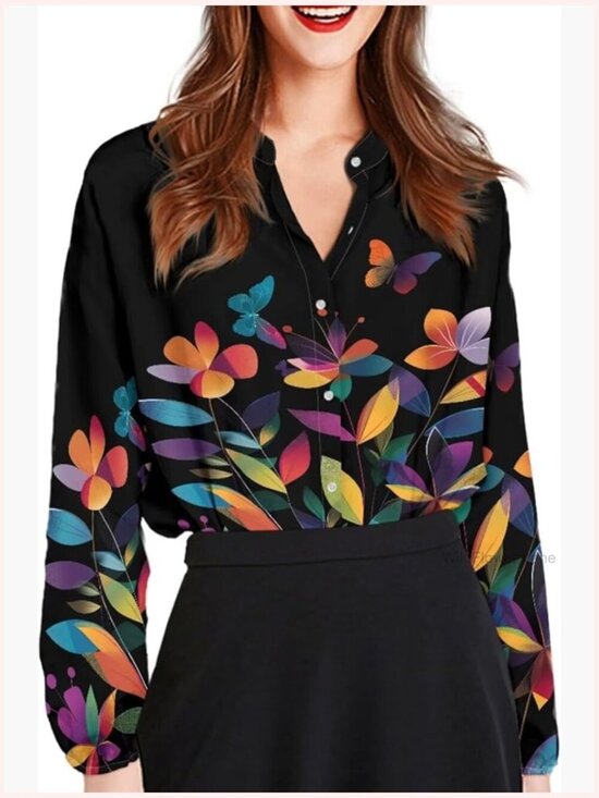 Tops - Long Sleeve Button Down Shirt Blouse V-Neck Lightweight Breathable Tucked or